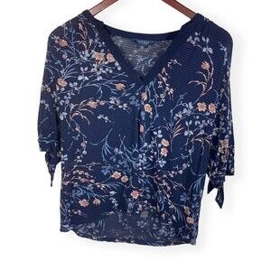 Lucky Brand Striped Floral Top with Tie Sleeves Size XS